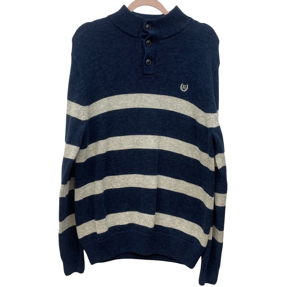 Chaps‎ Mens Large Striped Mock Neck Henley Sweater Cotton Classic Fit Blue